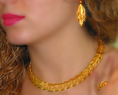 22k gold necklace inspired by a flowering myrtle tree wreath from the classical period