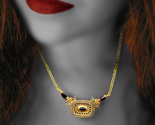 22k gold necklace with chain and amulet decorated with semi-precious stones and enamel