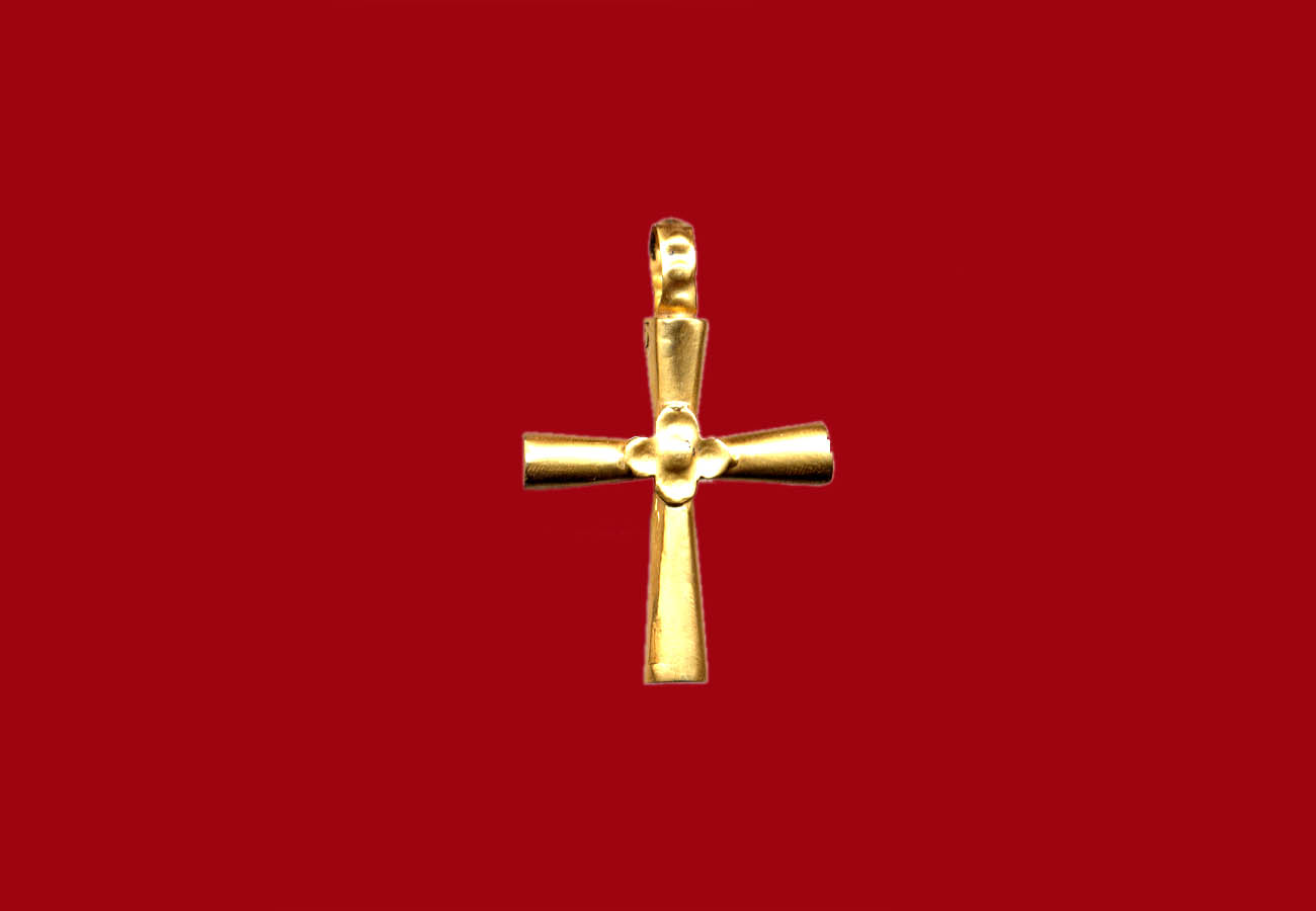 Golden cross with conical antennas, at their crossing there is a four-leaf rosette with a small glob in the center