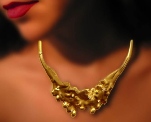 18k gold necklace decorated with diamonds, Inspiration from nature and the movement of lava