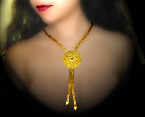 22k gold chain necklace with disk like endings, artistically decorated with the technique of granulation