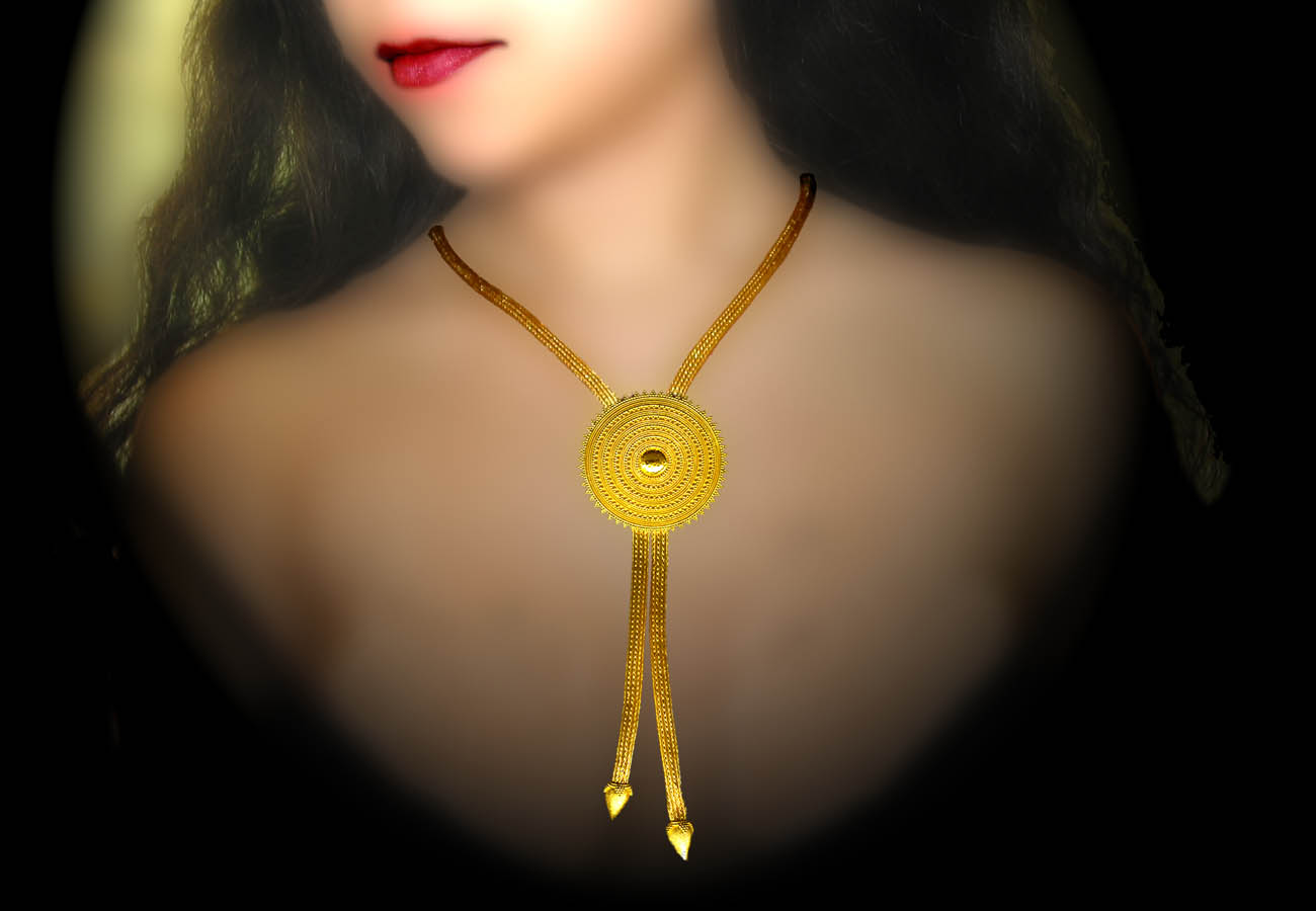 22k gold chain necklace with disk like endings, artistically decorated with the technique of granulation