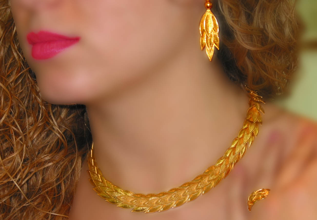 22k gold necklace inspired by a flowering myrtle tree wreath from the classical period