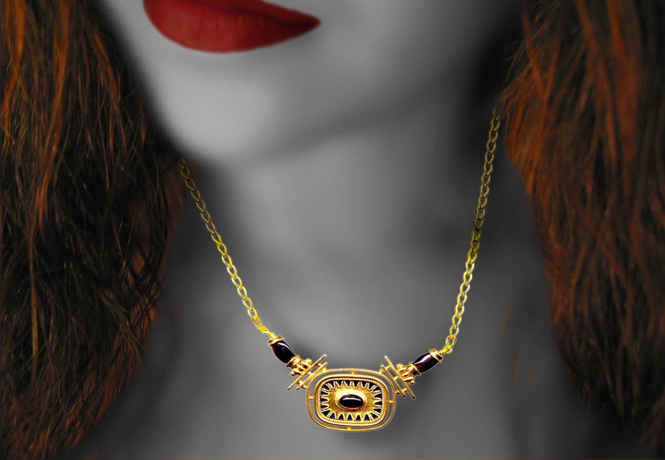22k gold necklace with chain and amulet decorated with semi-precious stones and enamel