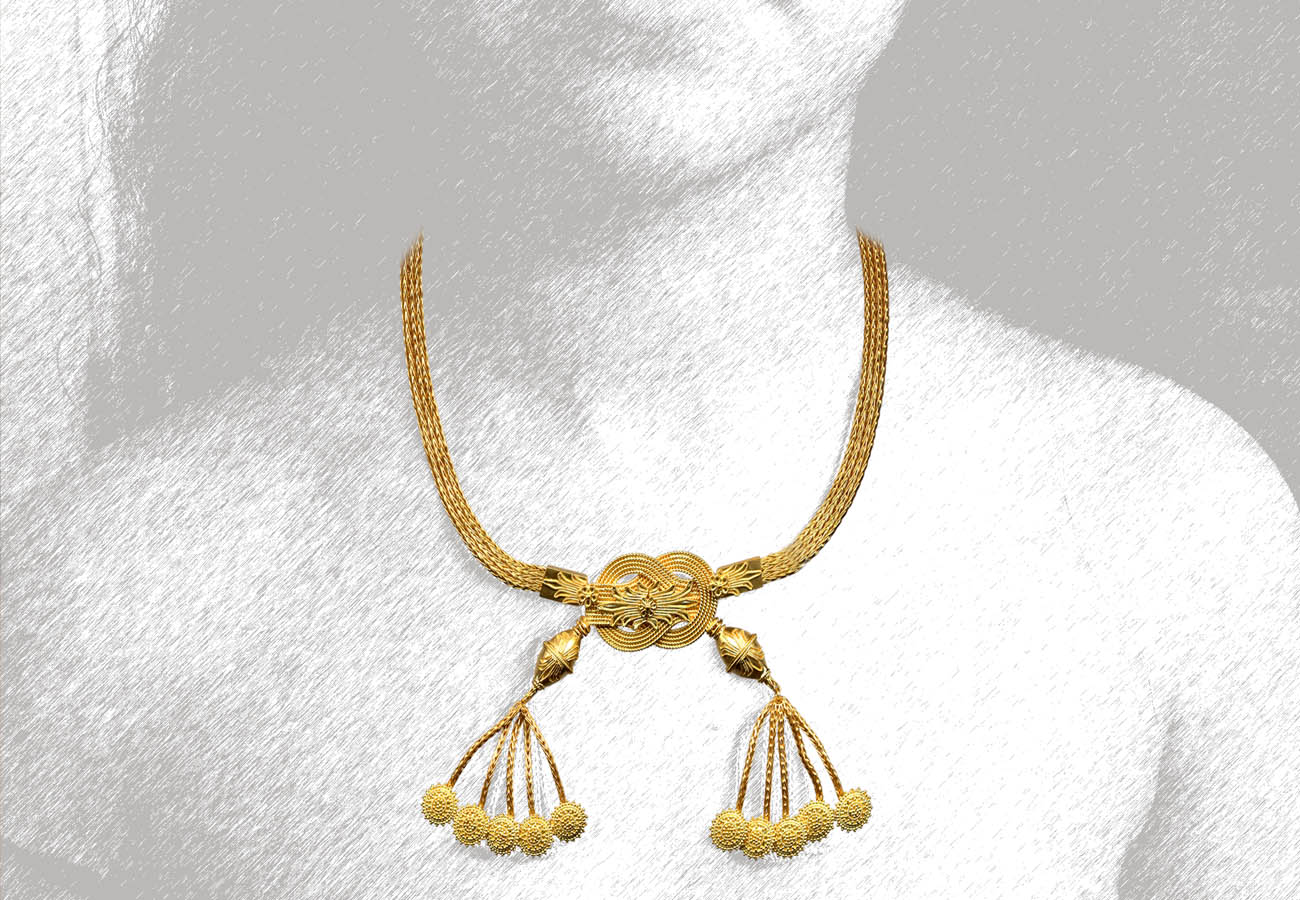 22k gold necklace with two chain straps and Herakles knot, late 4th - early 3rd century BC