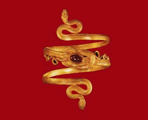 Golden bracelet consisted of two snakes, with bound tails in Heraklion knot decorated with deficient grantis. From Eretria, Evia