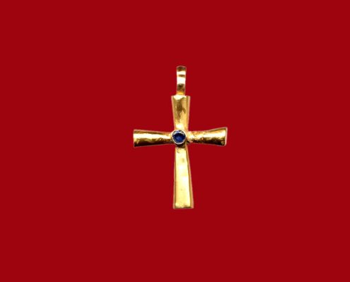 Golden pendant cross with a gemstone in the center, from a Treasure of Gold Jewels found in Constantinople