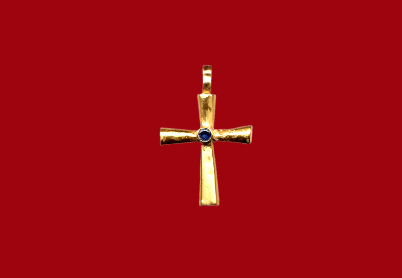 Golden pendant cross with a gemstone in the center, from a Treasure of Gold Jewels found in Constantinople